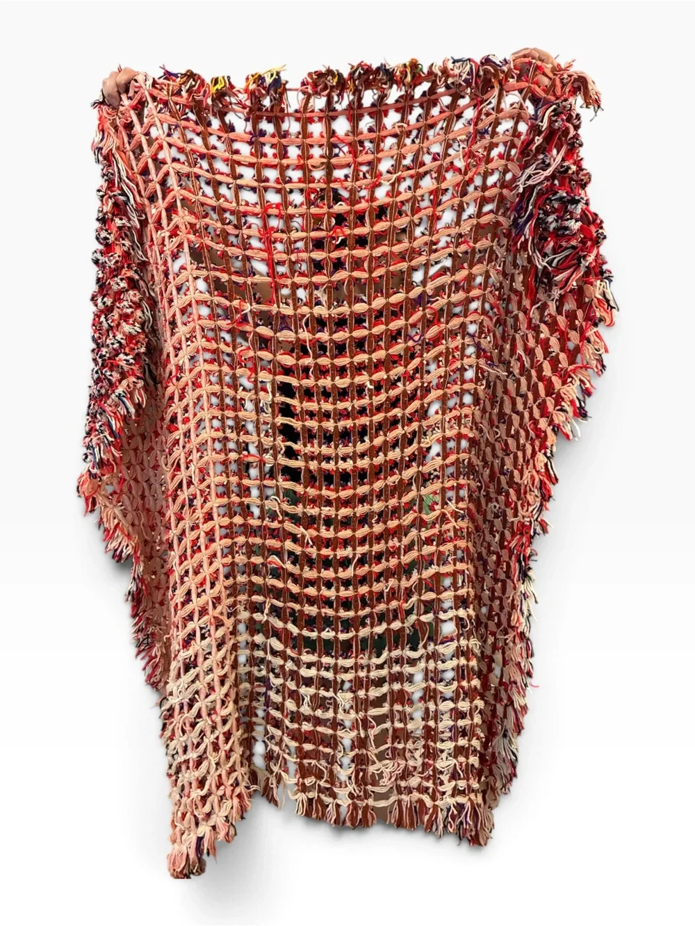 Unique Woven Pom Pom and weave multicolored yarn throw blanket. Hand made. 5’x5